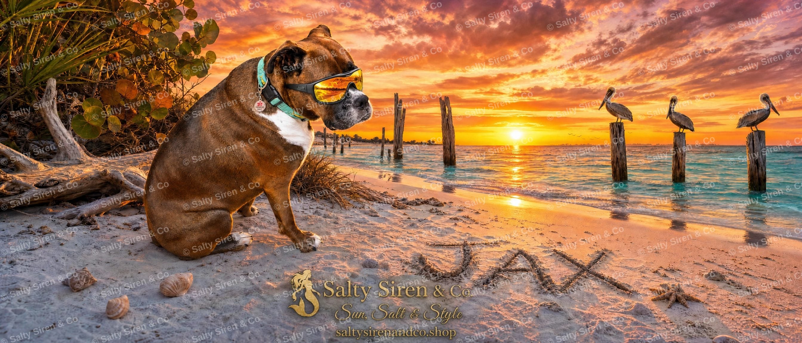 Jax the dog at Fort De Soto beach at sunset — Salty Siren & Co. tumbler