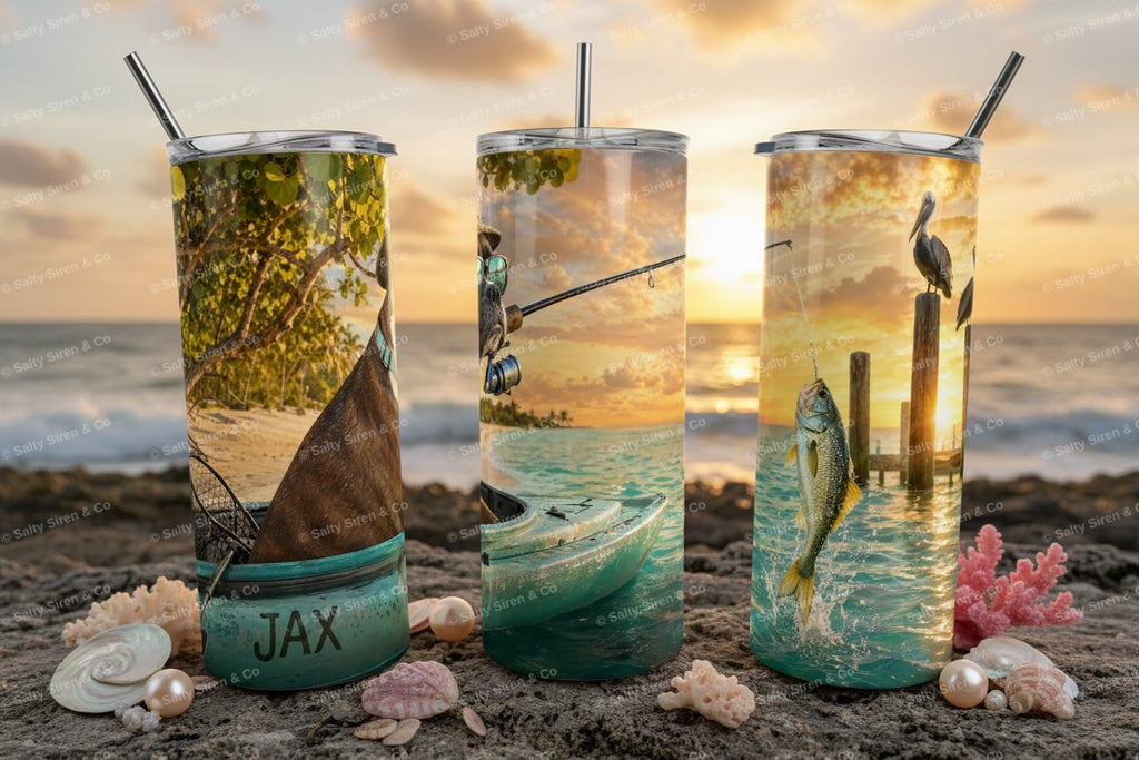 Jax Goes Fishing 20oz Tumbler - Three Panel Mockup