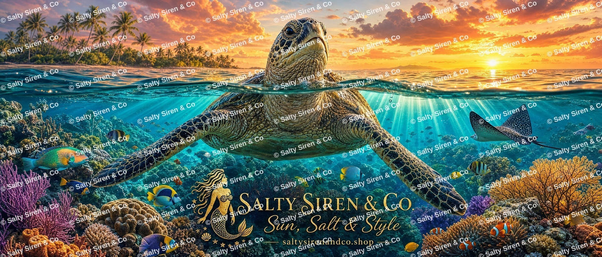 Sea Turtle at Sunset with Coral Reef