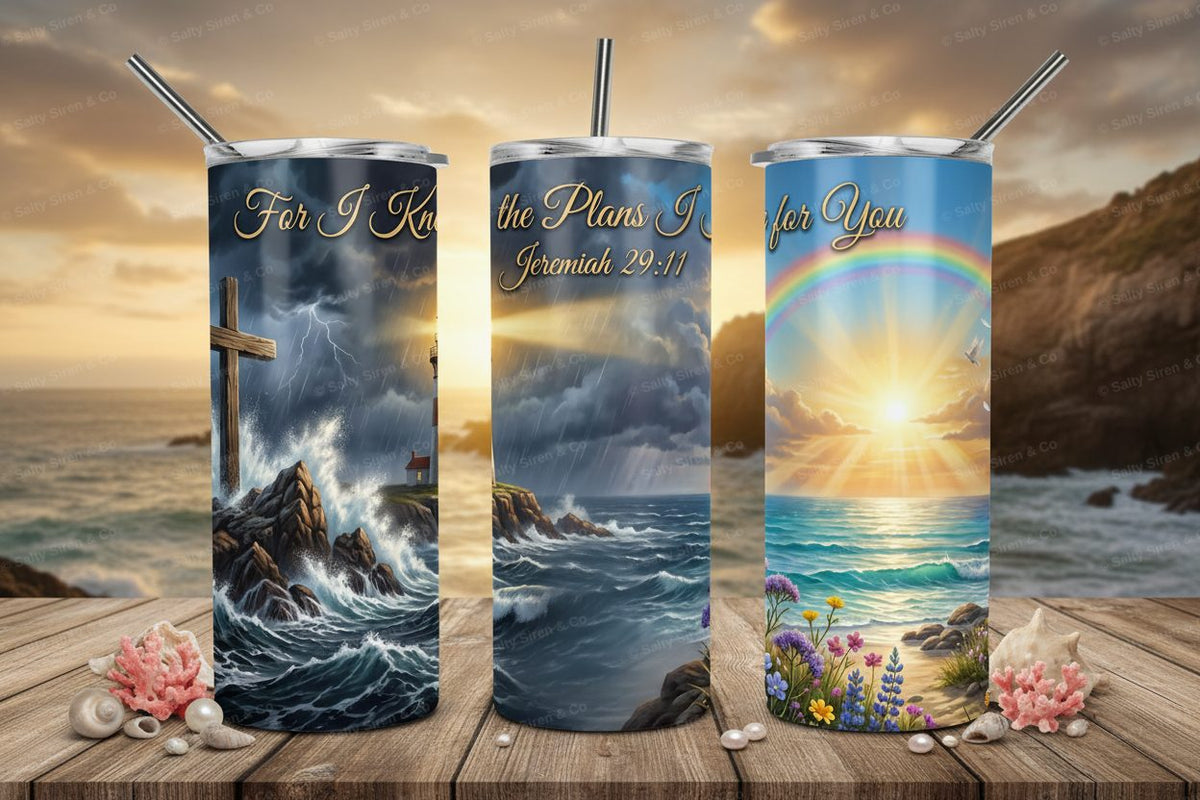 For I Know the Plans Jeremiah 29:11 20oz Tumbler - Three Panel Mockup