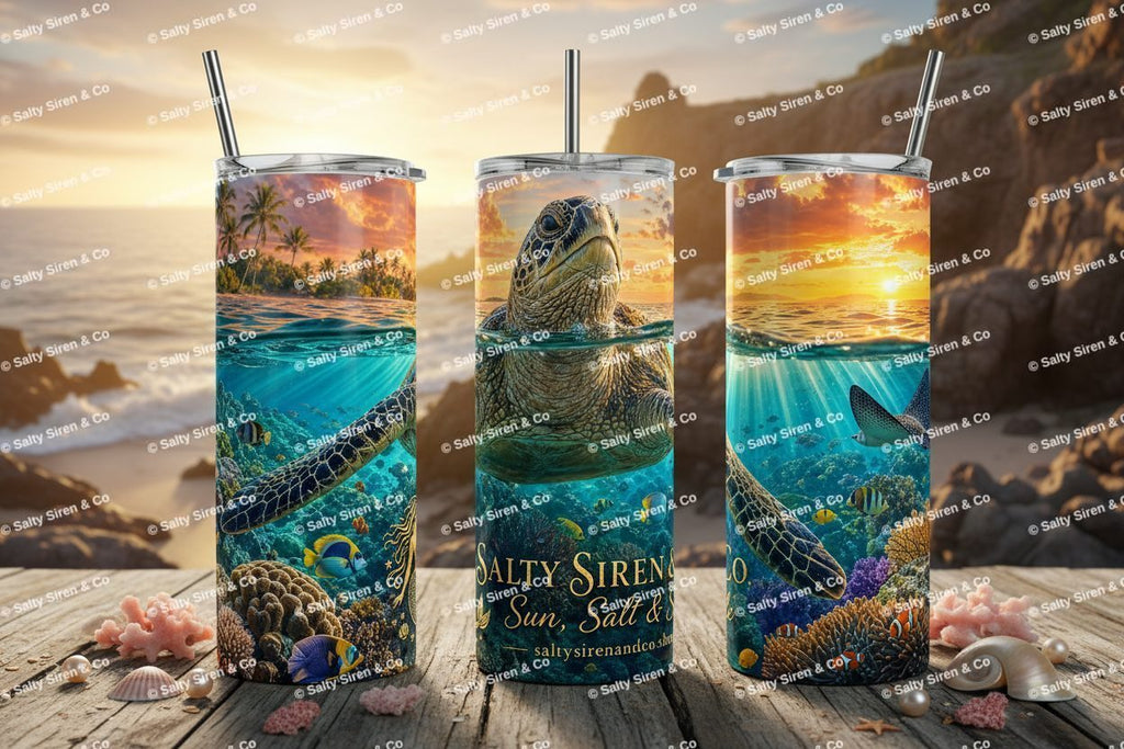 Sea Turtle at Sunset 20oz Tumbler - Three Panel Mockup