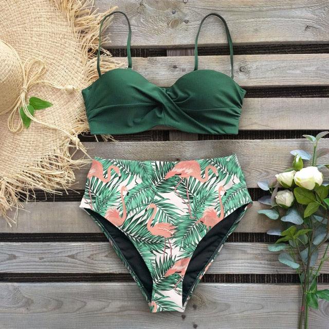 Leaf Print Bikini Female Swimsuit Women's Bathing Suits Triangle Bikini High Waist Bottoms Two Piece Swimsuits Women Swimwear Brazilian-Style Push Up Bikinis Set High Waist Swimming Suits for Bathing Suit