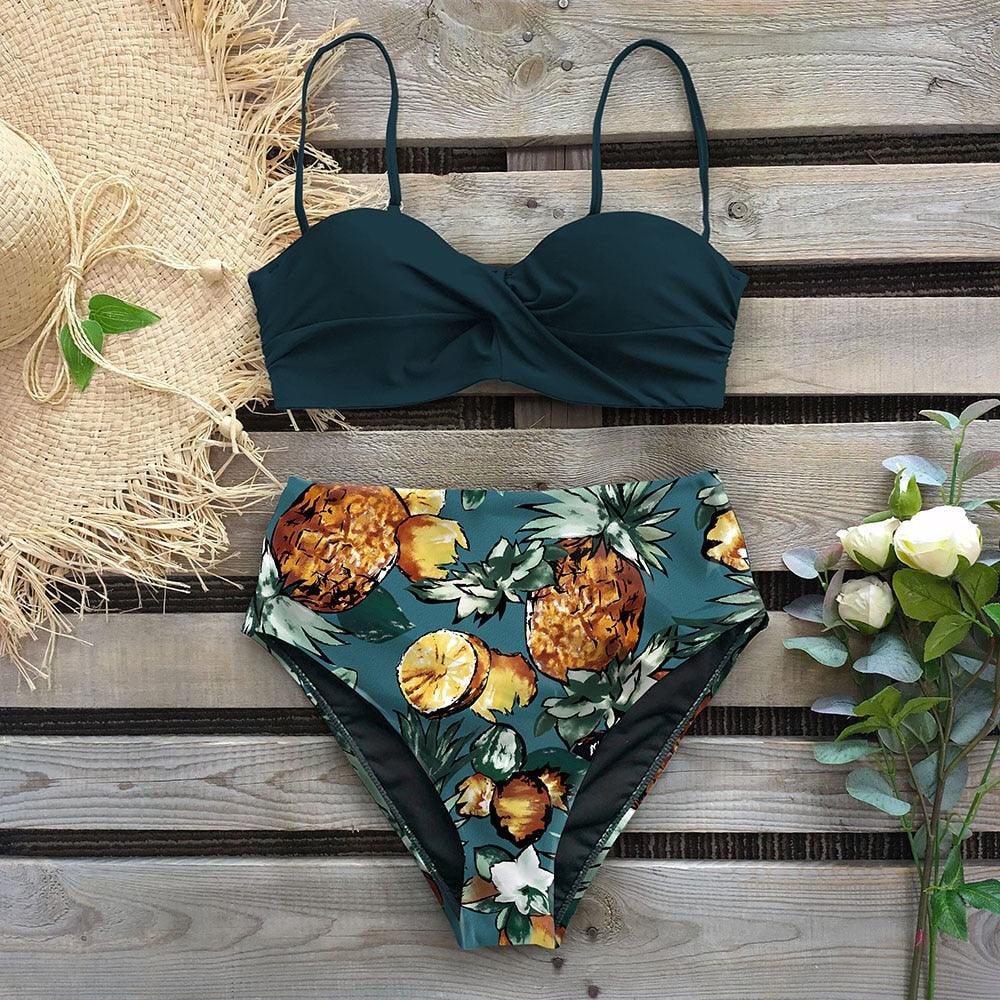 Leaf Print Bikini Female Swimsuit Women's Bathing Suits Triangle Bikini High Waist Bottoms Two Piece Swimsuits Women Swimwear Brazilian-Style Push Up Bikinis Set High Waist Swimming Suits for Bathing Suit