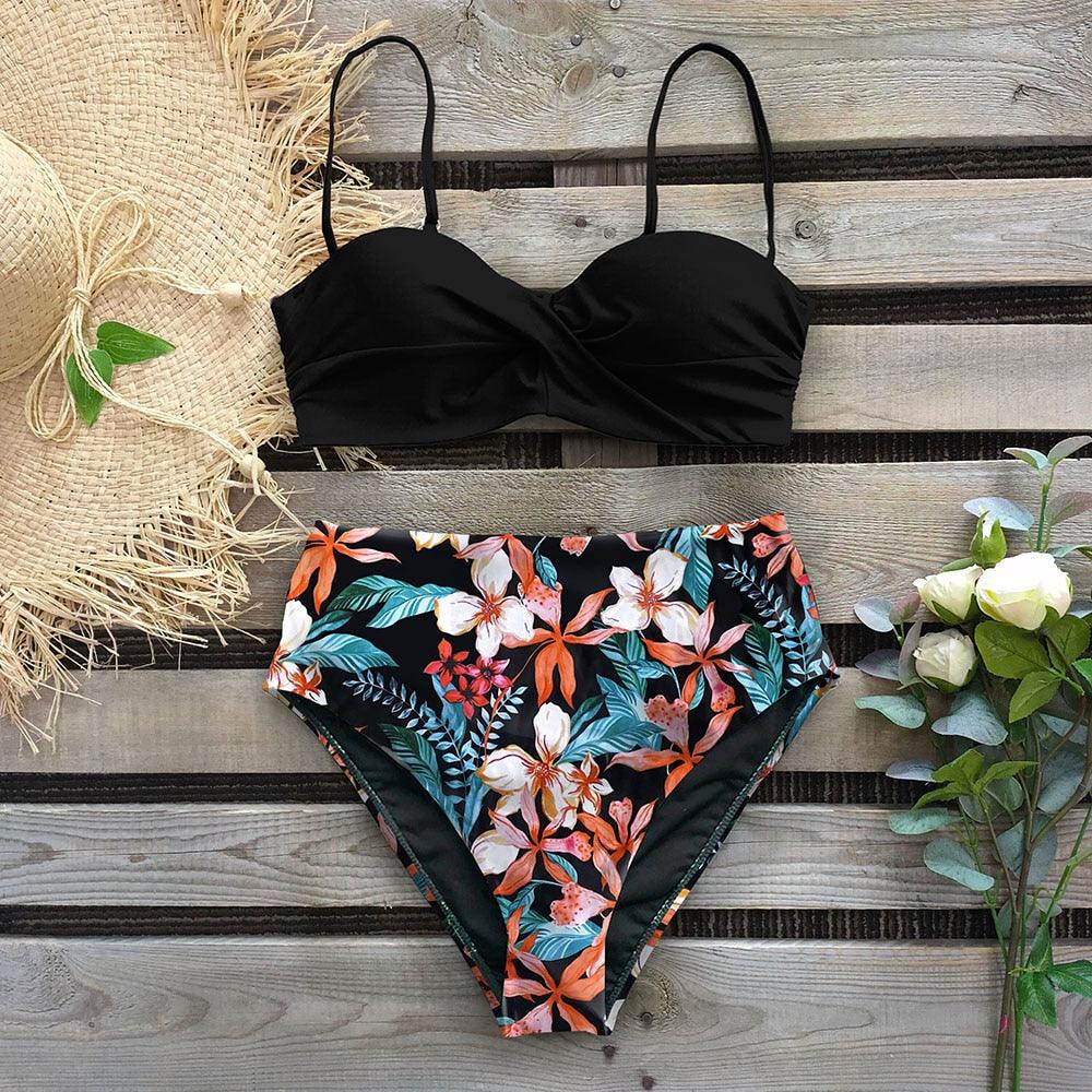 Leaf Print Bikini Female Swimsuit Women's Bathing Suits Triangle Bikini High Waist Bottoms Two Piece Swimsuits Women Swimwear Brazilian-Style Push Up Bikinis Set High Waist Swimming Suits for Bathing Suit
