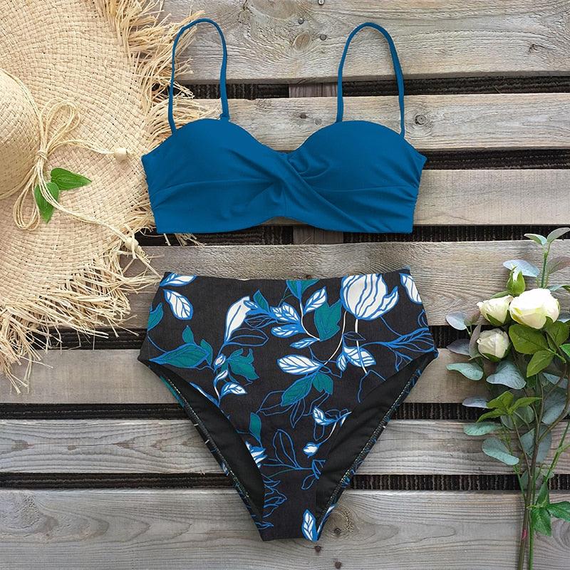 Leaf Print Bikini Female Swimsuit Women's Bathing Suits Triangle Bikini High Waist Bottoms Two Piece Swimsuits Women Swimwear Brazilian-Style Push Up Bikinis Set High Waist Swimming Suits for Bathing Suit