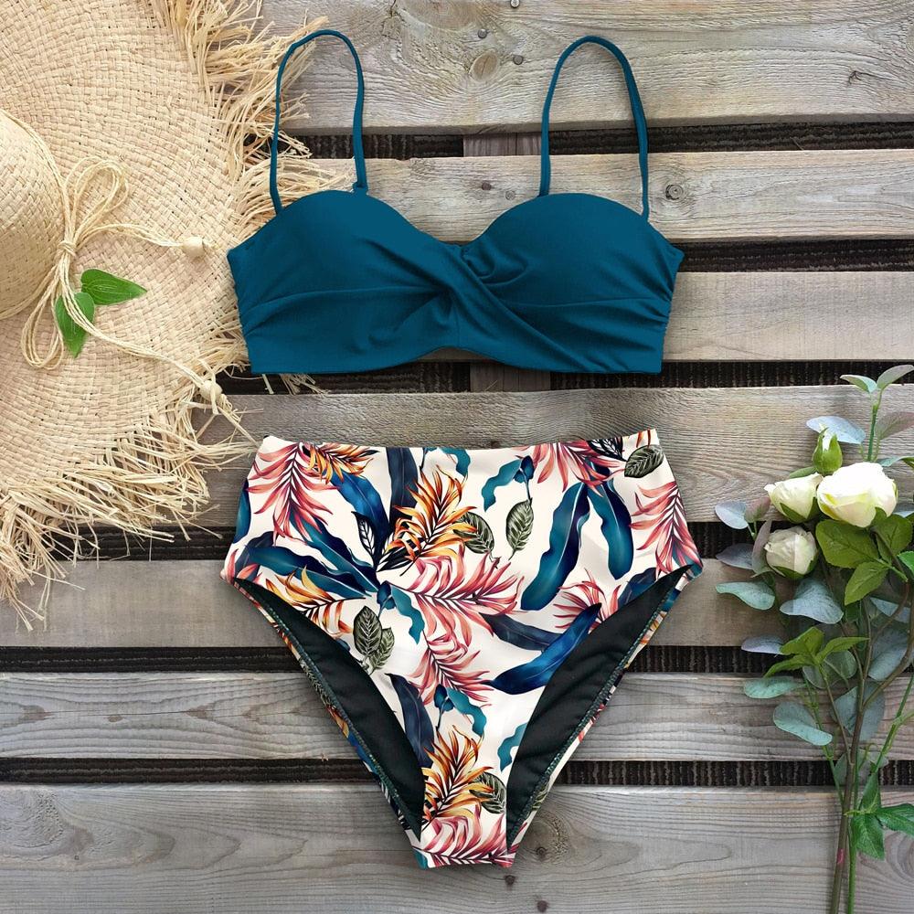 Leaf Print Bikini Female Swimsuit Women's Bathing Suits Triangle Bikini High Waist Bottoms Two Piece Swimsuits Women Swimwear Brazilian-Style Push Up Bikinis Set High Waist Swimming Suits for Bathing Suit