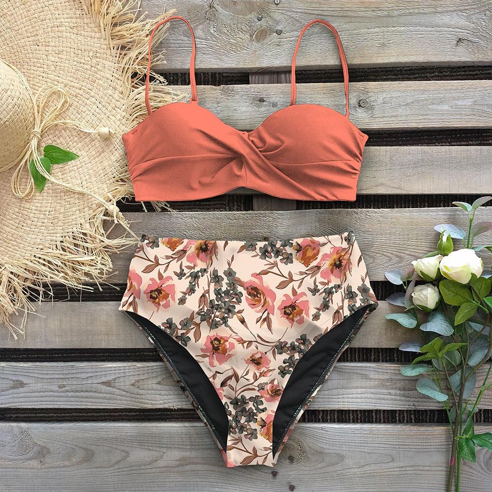Leaf Print Bikini Female Swimsuit Women's Bathing Suits Triangle Bikini High Waist Bottoms Two Piece Swimsuits Women Swimwear Brazilian-Style Push Up Bikinis Set High Waist Swimming Suits for Bathing Suit