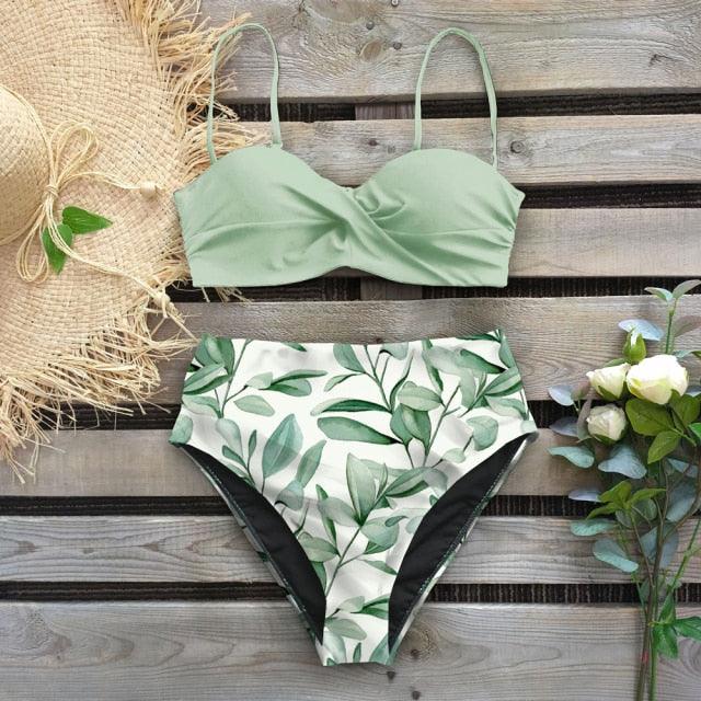 Leaf Print Bikini Female Swimsuit Women's Bathing Suits Triangle Bikini High Waist Bottoms Two Piece Swimsuits Women Swimwear Brazilian-Style Push Up Bikinis Set High Waist Swimming Suits for Bathing Suit