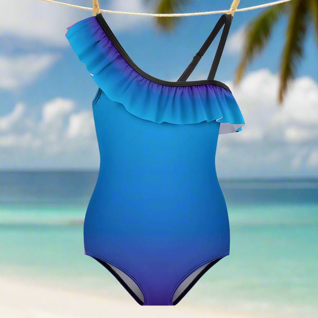 Girls Ombré Ruffled One-Shoulder 🩱 One Piece Swimsuit 