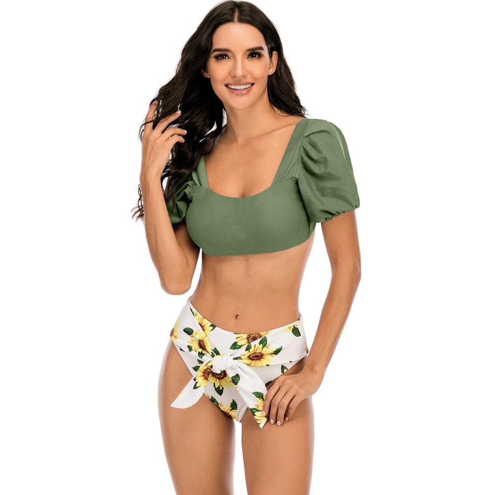 "Sea Duchess – Puff Sleeve Open-Back High-Cut Swimsuit"