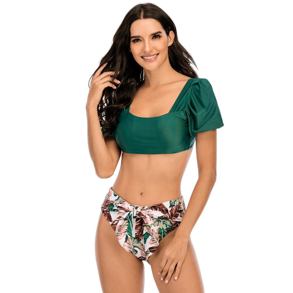 "Sea Duchess – Puff Sleeve Open-Back High-Cut Swimsuit"