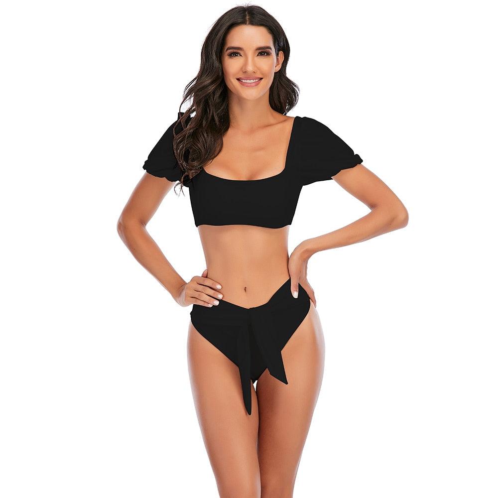 "Sea Duchess – Puff Sleeve Open-Back High-Cut Swimsuit"