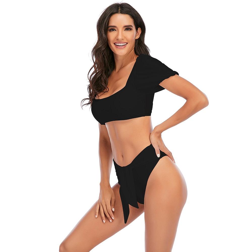 "Sea Duchess – Puff Sleeve Open-Back High-Cut Swimsuit"