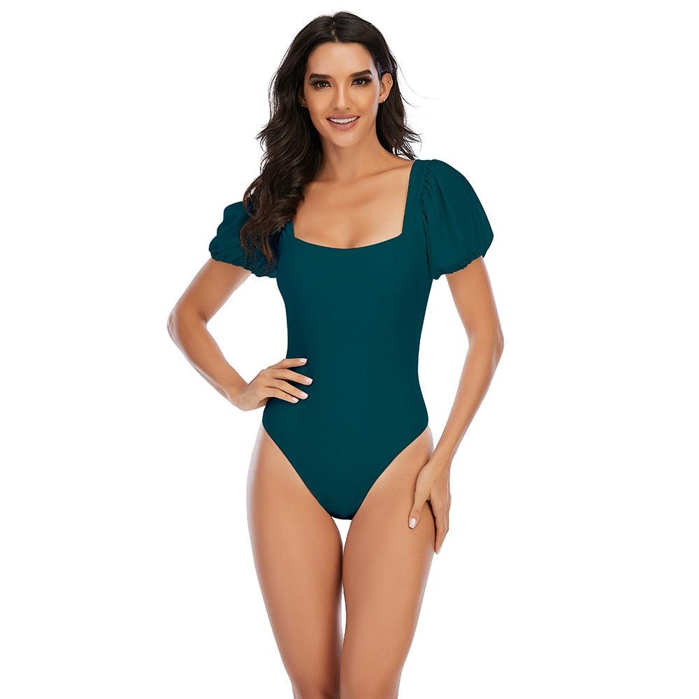 "Sea Duchess – Puff Sleeve Open-Back High-Cut Swimsuit"