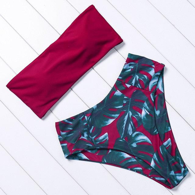 "Turtle Leaf – Print High-Waist Bandeau Bikini Set"