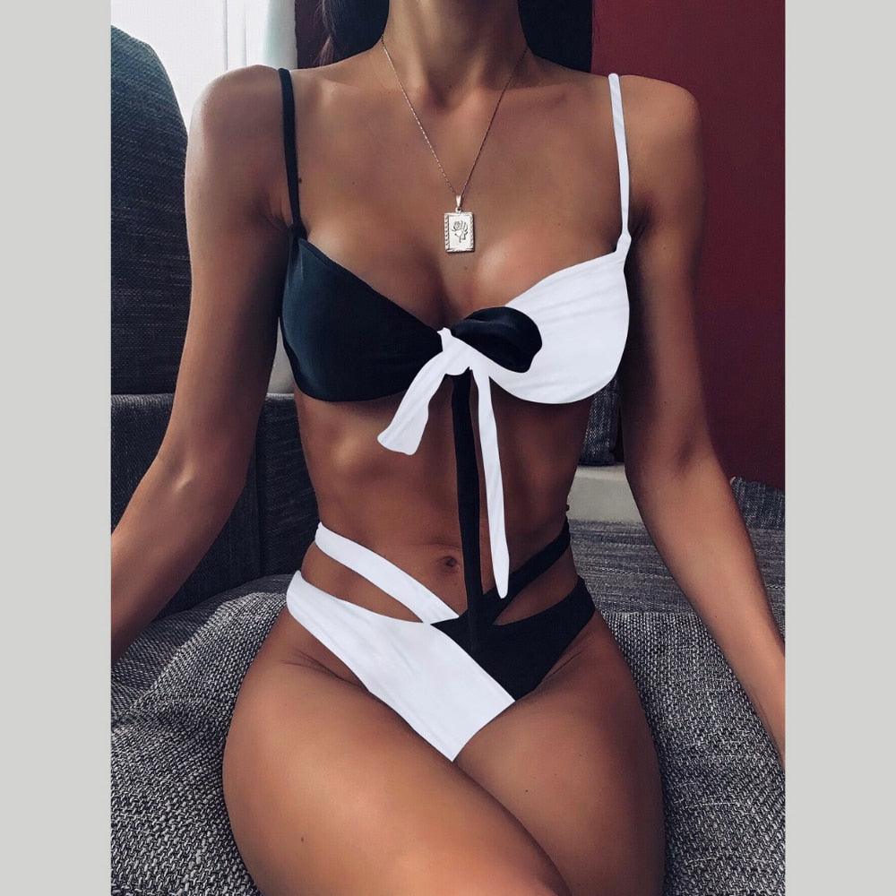 "Turtle Leaf – Print High-Waist Bandeau Bikini Set"
