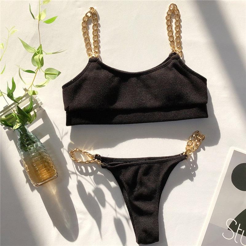 Modern New Black Bikini Set Hardware Detail Swimsuit Female Black Swimwear Women Summer Bathing Suit WomenBikini Set Two Pieces Bathing Suit