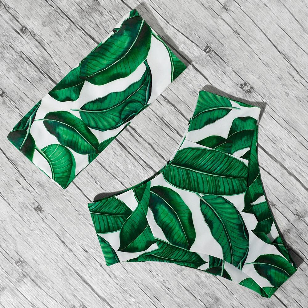 "Turtle Leaf – Print High-Waist Bandeau Bikini Set"