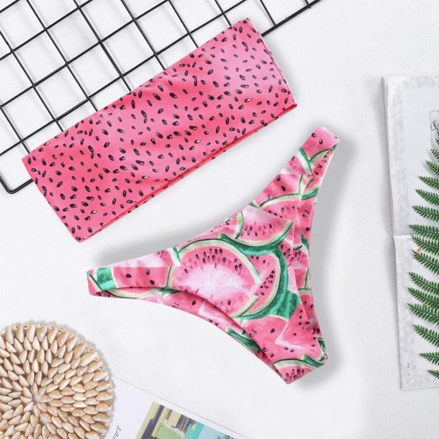"Turtle Leaf – Print High-Waist Bandeau Bikini Set"