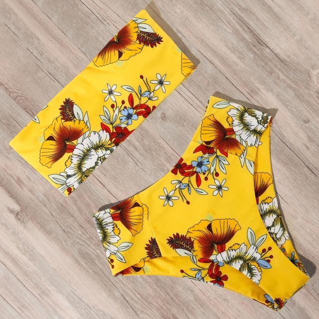 "Turtle Leaf – Print High-Waist Bandeau Bikini Set"