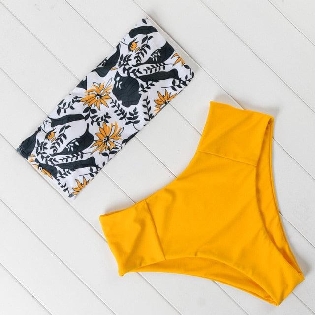 "Turtle Leaf – Print High-Waist Bandeau Bikini Set"