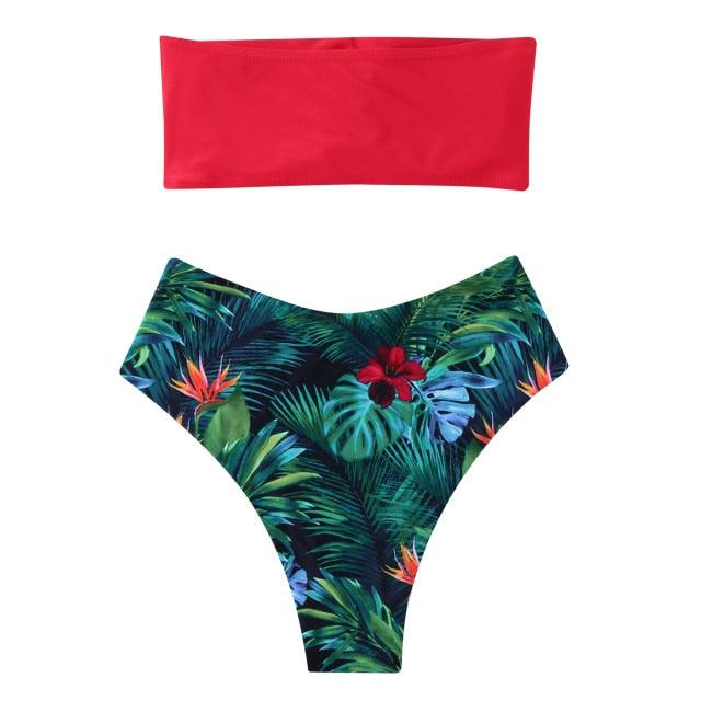 "Turtle Leaf – Print High-Waist Bandeau Bikini Set"