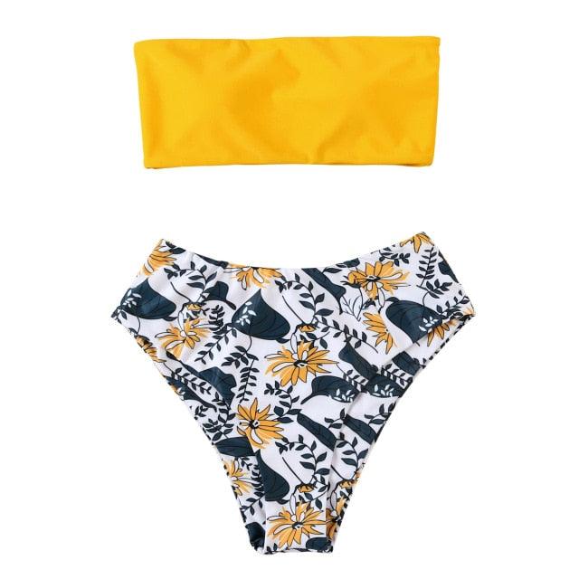 "Turtle Leaf – Print High-Waist Bandeau Bikini Set"