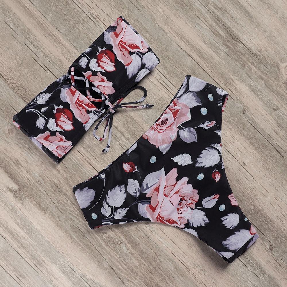 "Tidal Bandeau – Lace-Up High-Waist Bikini Set"