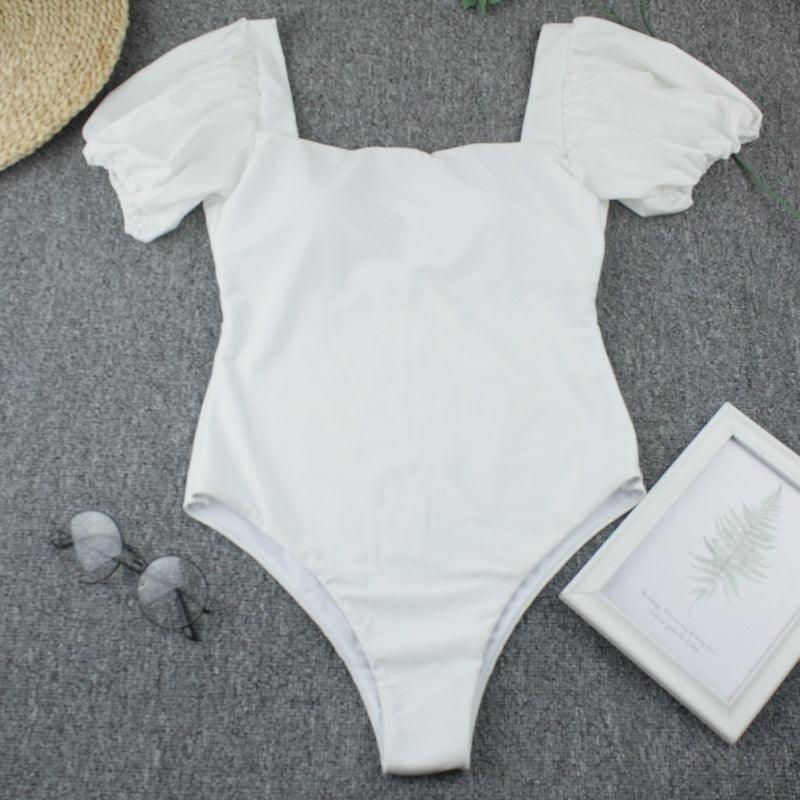 "Sea Duchess – Puff Sleeve Open-Back High-Cut Swimsuit"