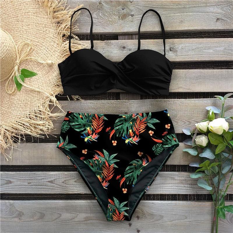 "Reef Siren – Solid Push-Up Cross-Back Bikini Set"