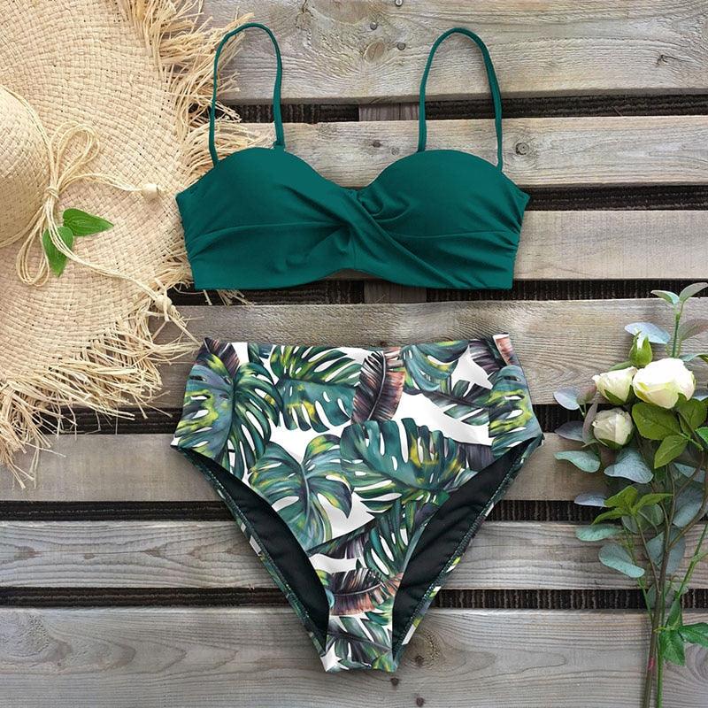 "Reef Siren – Solid Push-Up Cross-Back Bikini Set"
