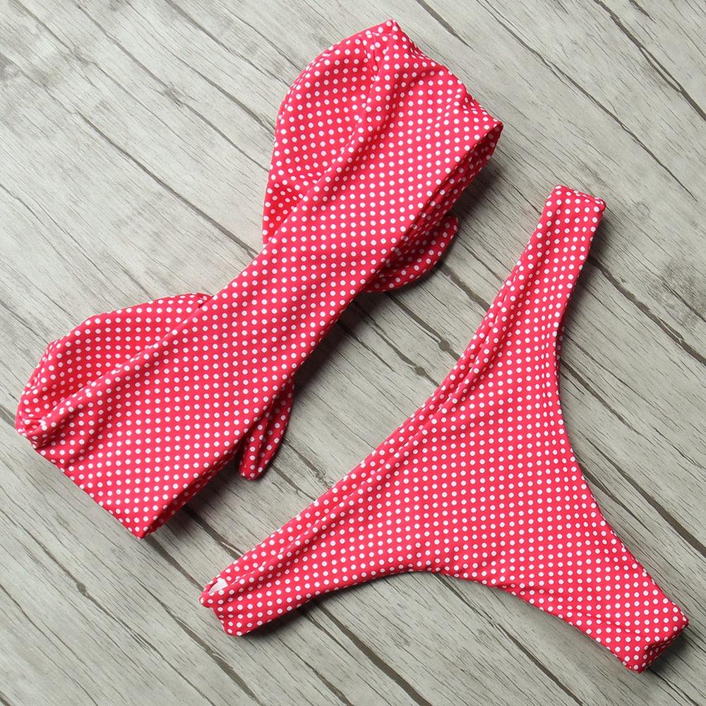 "Turtle Leaf – Print High-Waist Bandeau Bikini Set"