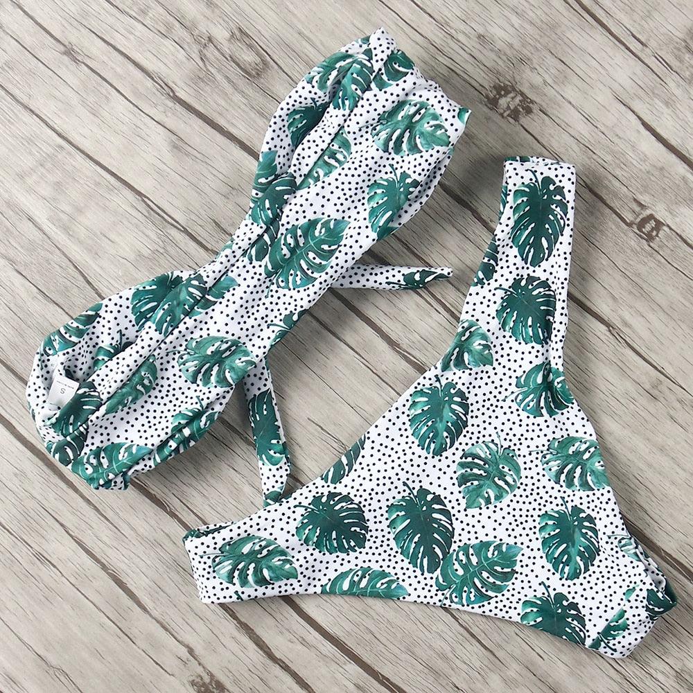 "Turtle Leaf – Print High-Waist Bandeau Bikini Set"