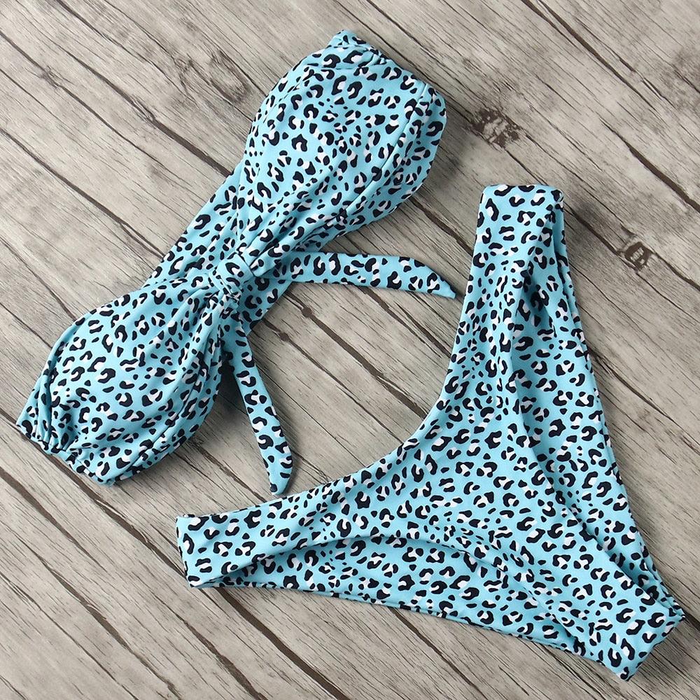 "Turtle Leaf – Print High-Waist Bandeau Bikini Set"