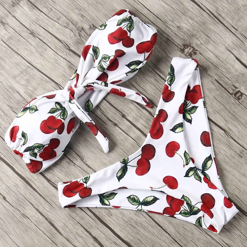 "Turtle Leaf – Print High-Waist Bandeau Bikini Set"
