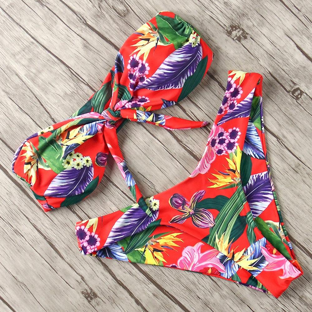 "Turtle Leaf – Print High-Waist Bandeau Bikini Set"
