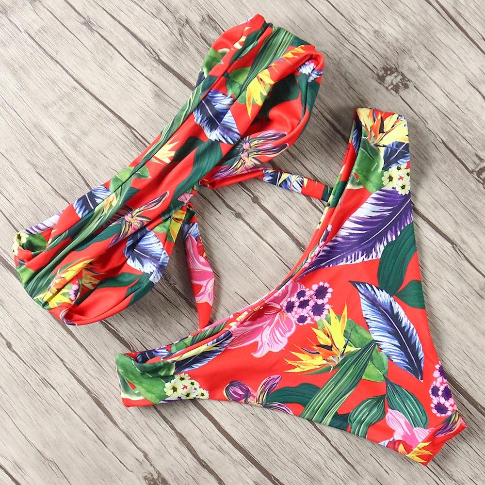 "Turtle Leaf – Print High-Waist Bandeau Bikini Set"