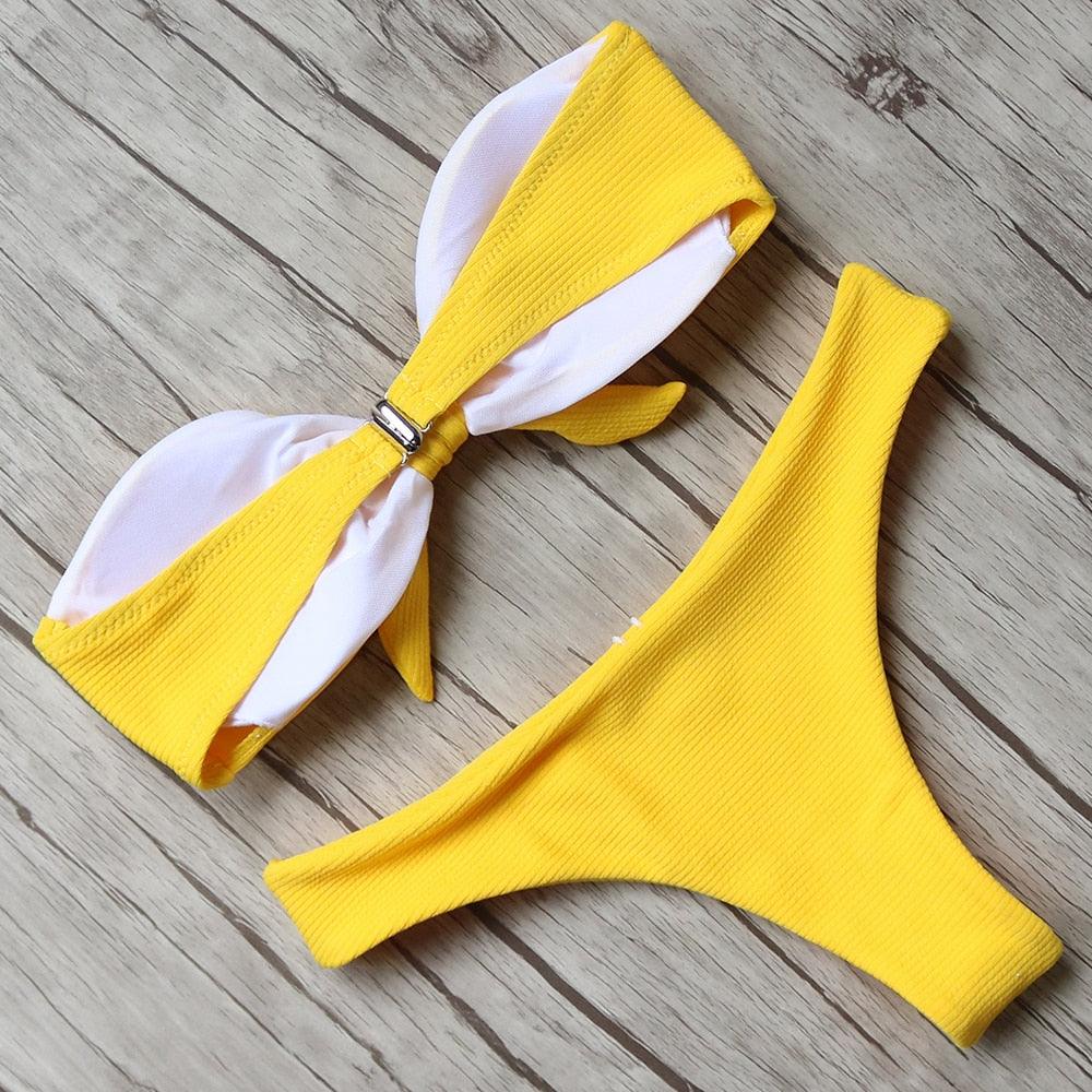 "Turtle Leaf – Print High-Waist Bandeau Bikini Set"