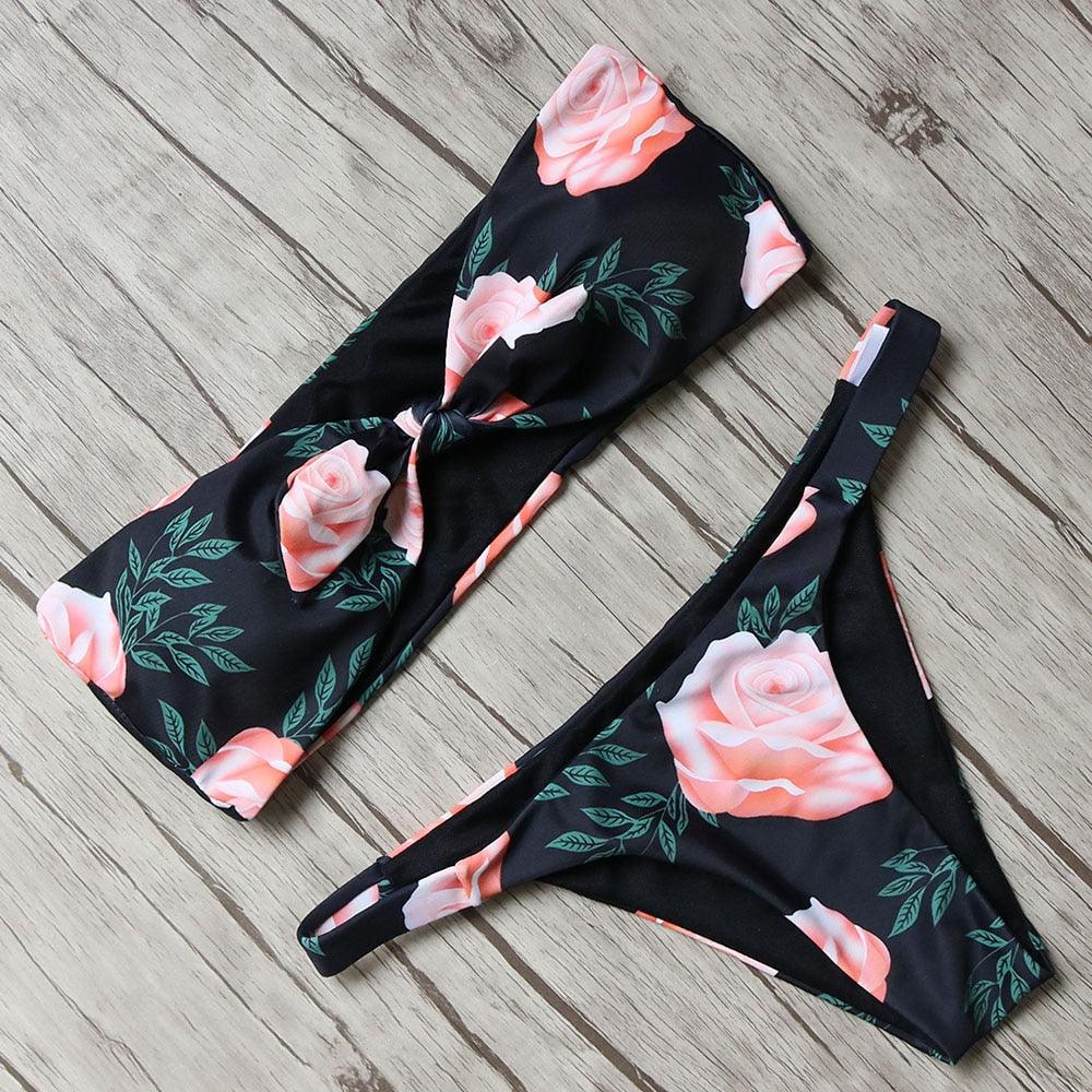 "Turtle Leaf – Print High-Waist Bandeau Bikini Set"