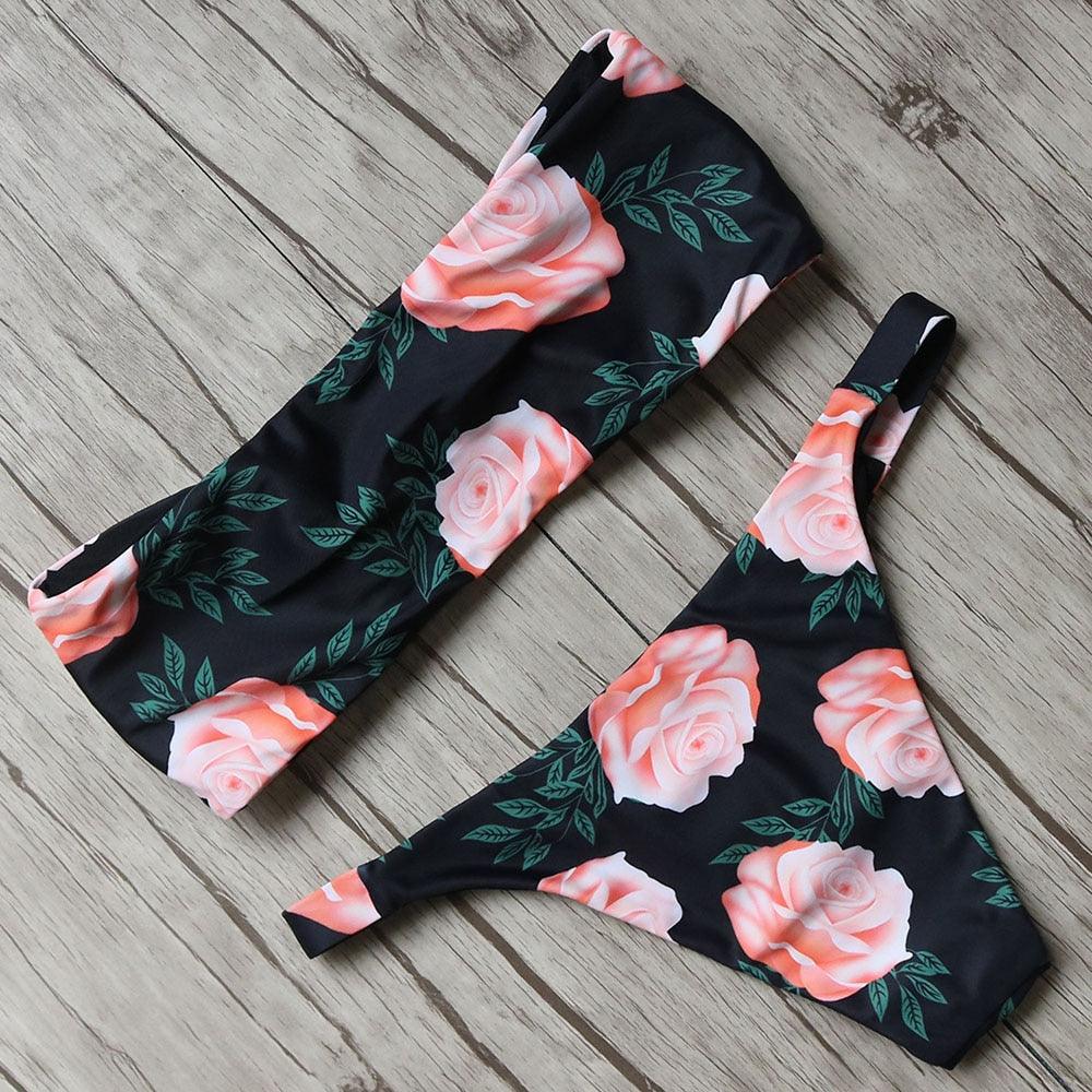 "Turtle Leaf – Print High-Waist Bandeau Bikini Set"
