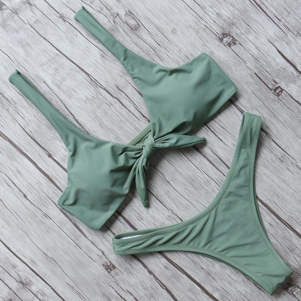 "Turtle Leaf – Print High-Waist Bandeau Bikini Set"