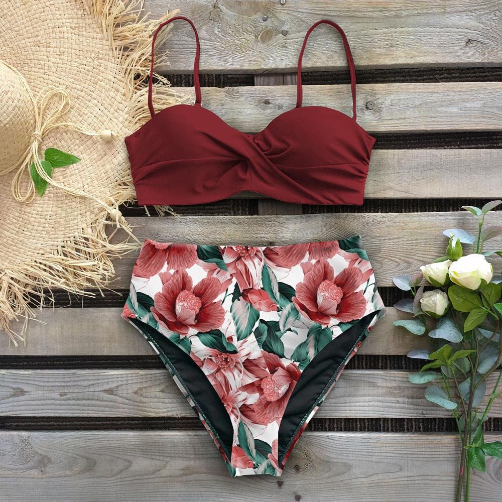 Leaf Print Bikini Female Swimsuit Women's Bathing Suits Triangle Bikini High Waist Bottoms Two Piece Swimsuits Women Swimwear Brazilian-Style Push Up Bikinis Set High Waist Swimming Suits for Bathing Suit