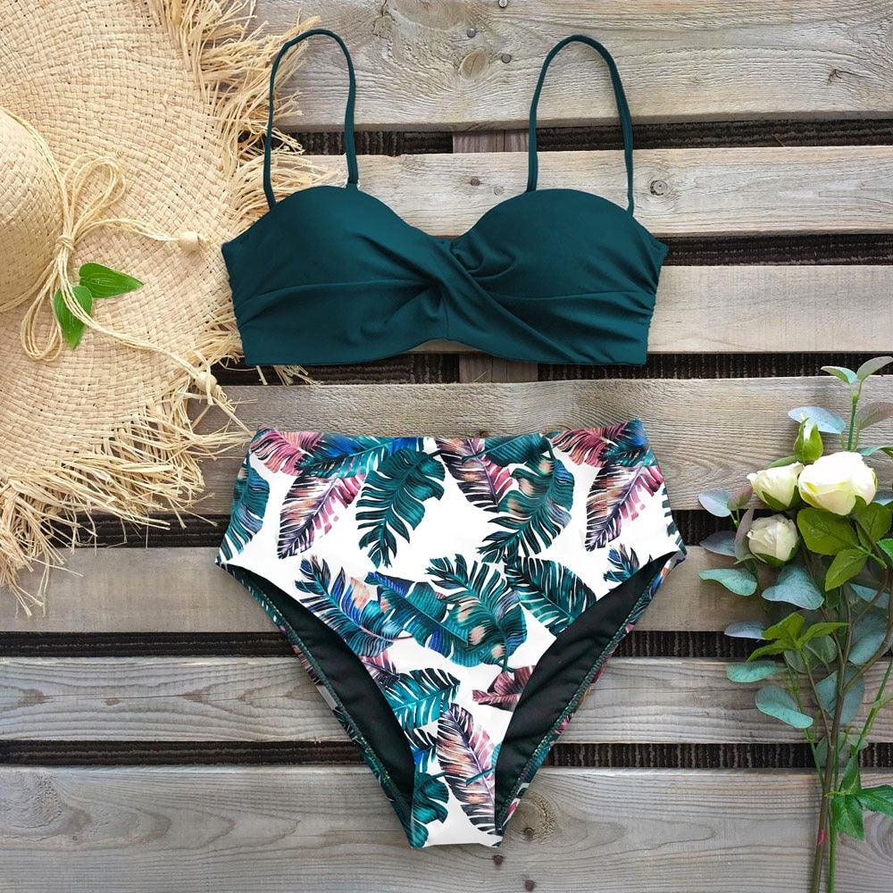 Leaf Print Bikini Female Swimsuit Women's Bathing Suits Triangle Bikini High Waist Bottoms Two Piece Swimsuits Women Swimwear Brazilian-Style Push Up Bikinis Set High Waist Swimming Suits for Bathing Suit