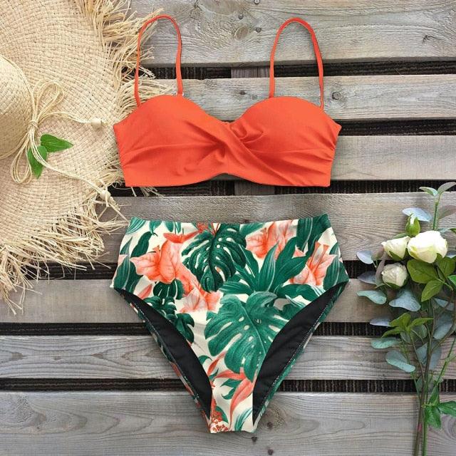Leaf Print Bikini Female Swimsuit Women's Bathing Suits Triangle Bikini High Waist Bottoms Two Piece Swimsuits Women Swimwear Brazilian-Style Push Up Bikinis Set High Waist Swimming Suits for Bathing Suit