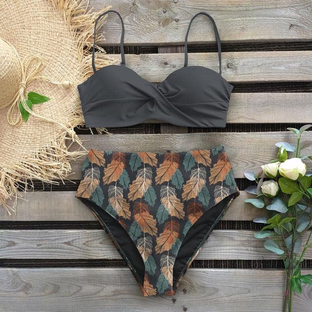 Leaf Print Bikini Female Swimsuit Women's Bathing Suits Triangle Bikini High Waist Bottoms Two Piece Swimsuits Women Swimwear Brazilian-Style Push Up Bikinis Set High Waist Swimming Suits for Bathing Suit