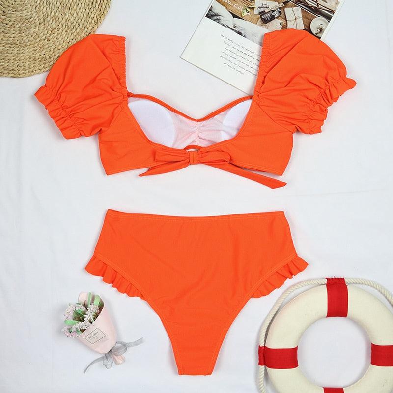 "Sea Duchess – Puff Sleeve Open-Back High-Cut Swimsuit"