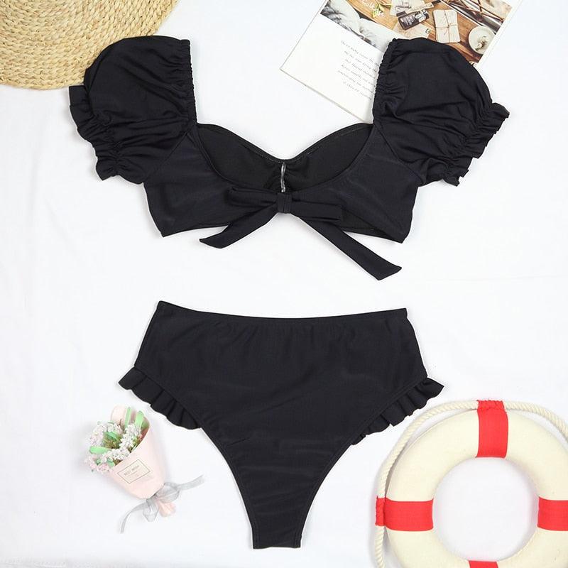 "Sea Duchess – Puff Sleeve Open-Back High-Cut Swimsuit"
