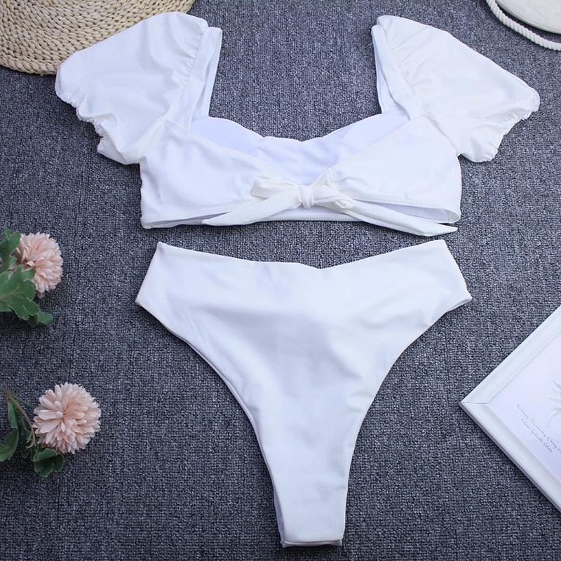 "Sea Duchess – Puff Sleeve Open-Back High-Cut Swimsuit"