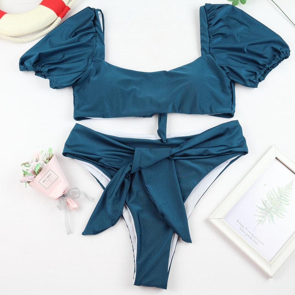 "Sea Duchess – Puff Sleeve Open-Back High-Cut Swimsuit"