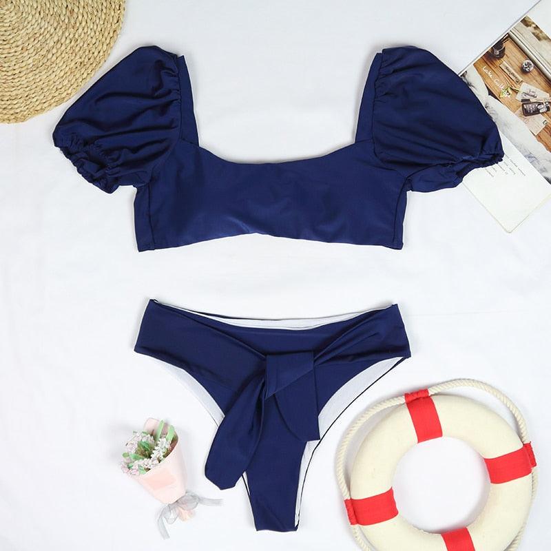 "Sea Duchess – Puff Sleeve Open-Back High-Cut Swimsuit"